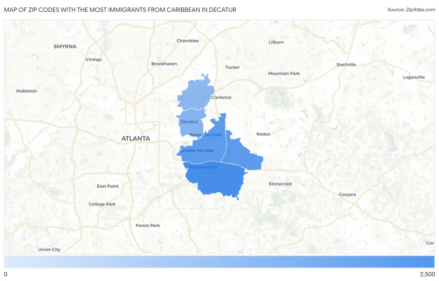 Zip Codes with the Most Immigrants from Caribbean in Decatur Map