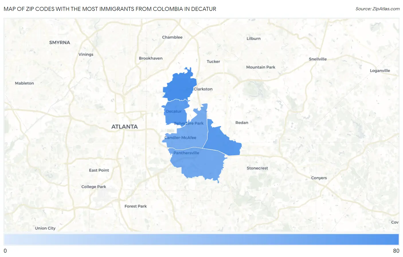 Zip Codes with the Most Immigrants from Colombia in Decatur Map