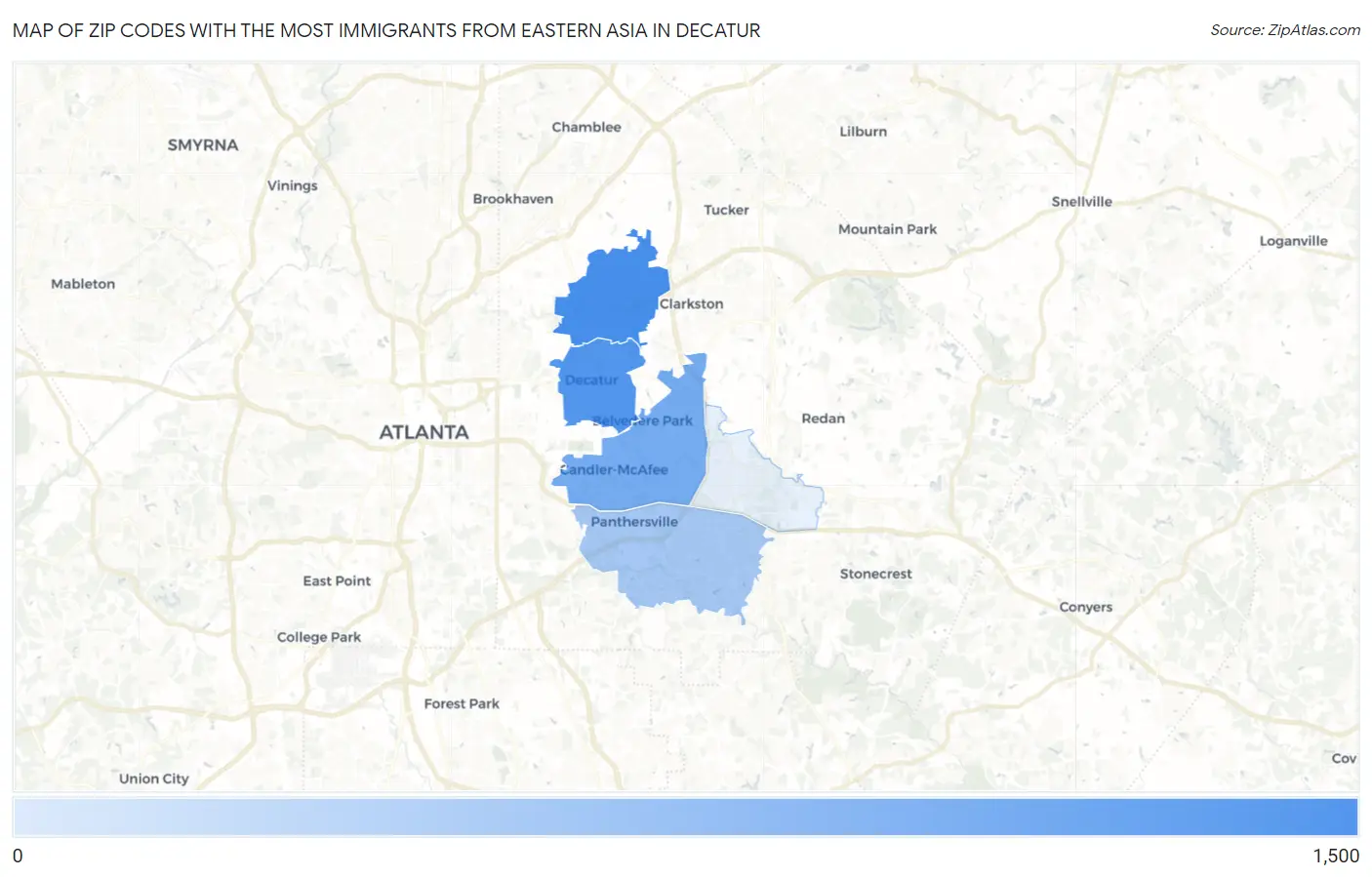 Zip Codes with the Most Immigrants from Eastern Asia in Decatur Map