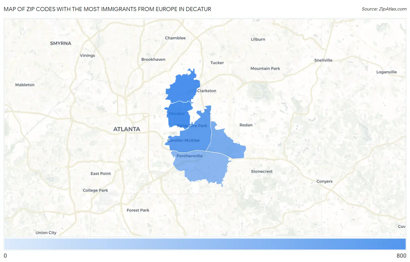 Zip Codes with the Most Immigrants from Europe in Decatur Map