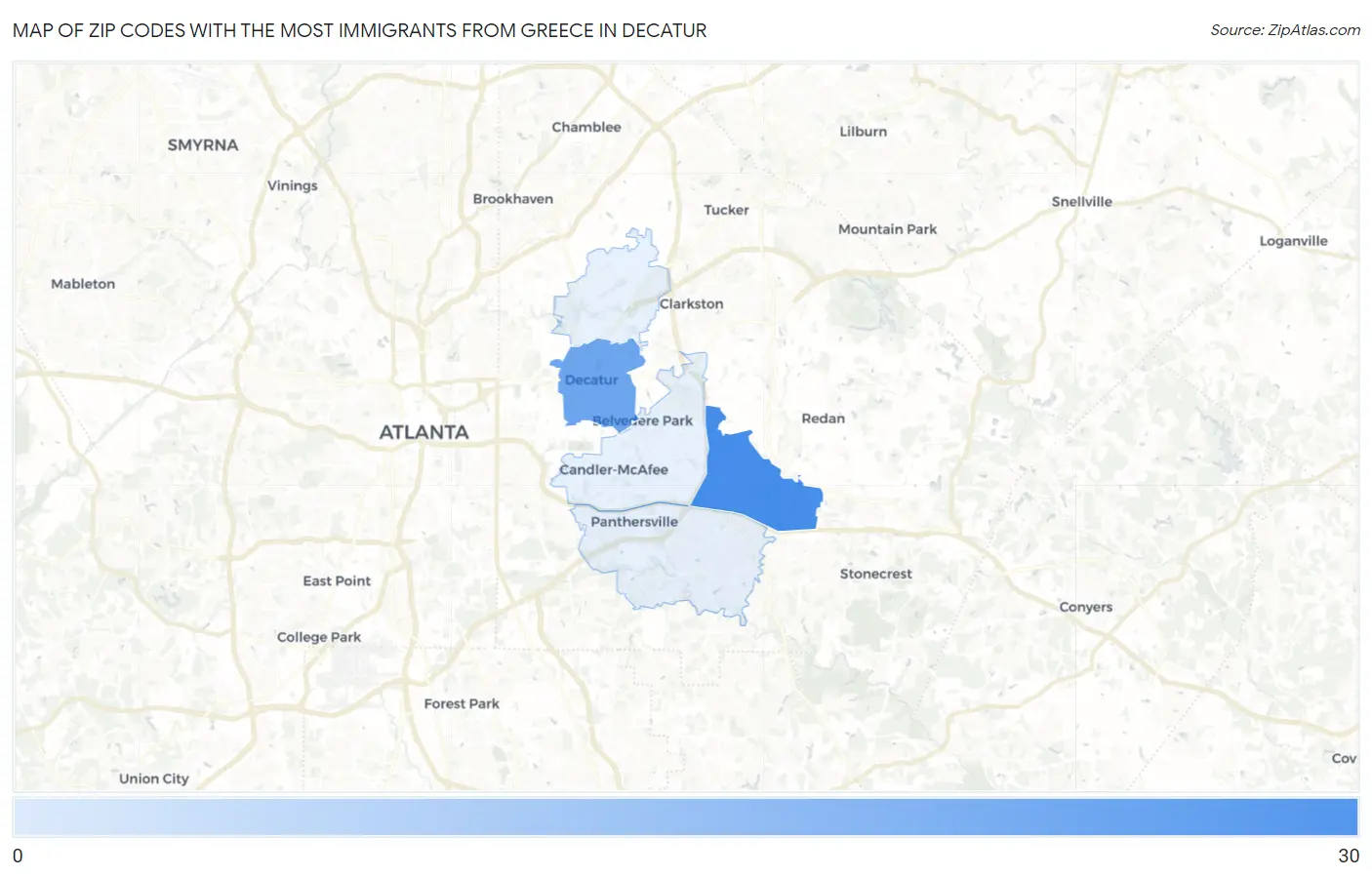 Zip Codes with the Most Immigrants from Greece in Decatur Map