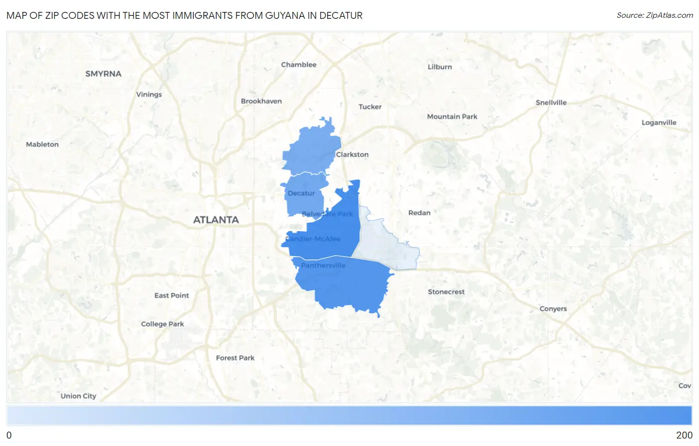 Zip Codes with the Most Immigrants from Guyana in Decatur Map