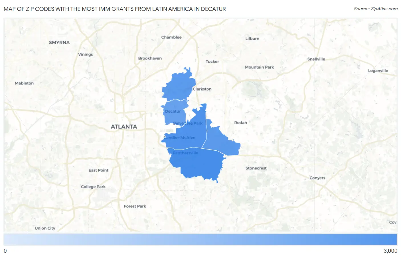 Zip Codes with the Most Immigrants from Latin America in Decatur Map
