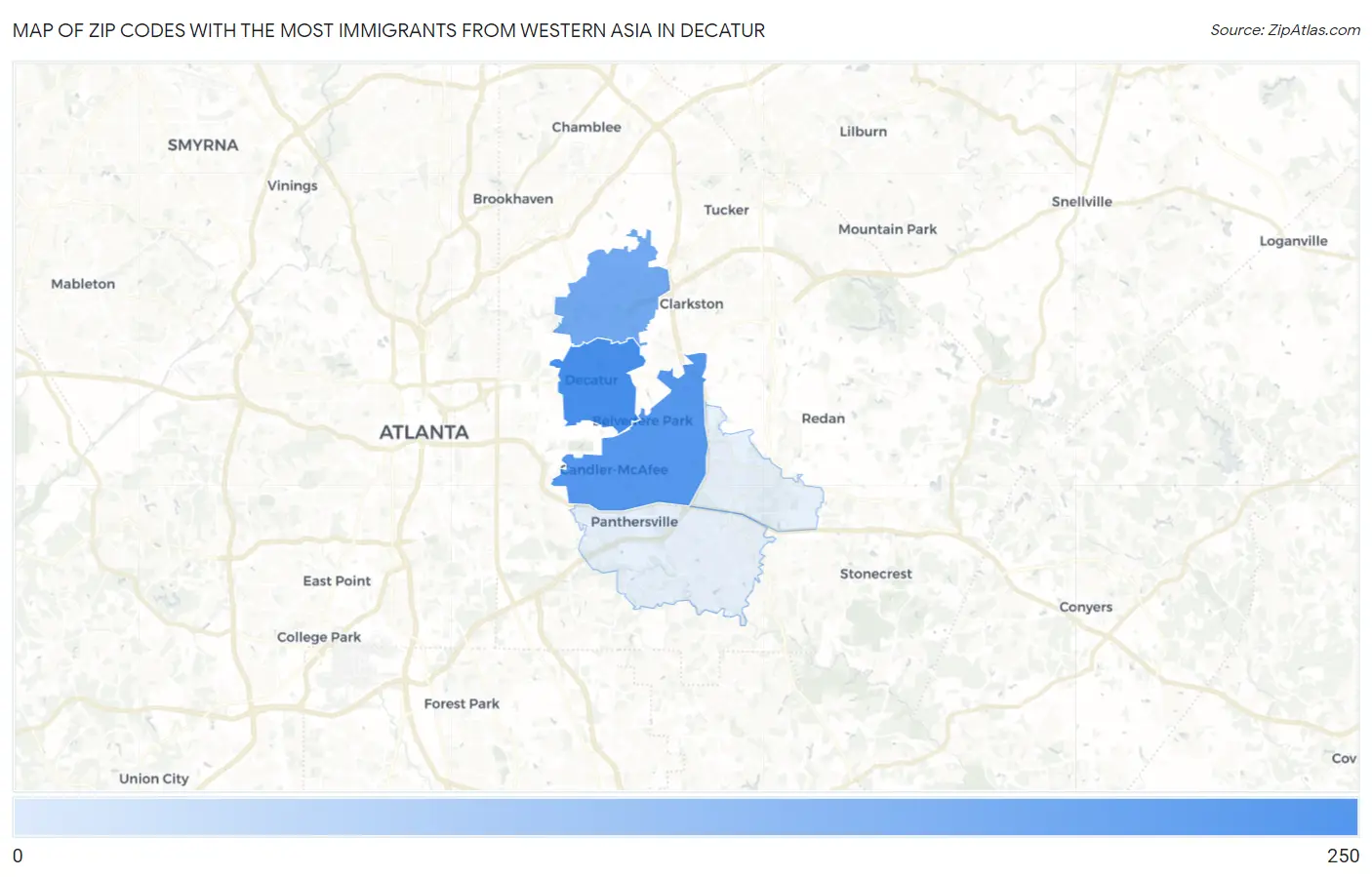 Zip Codes with the Most Immigrants from Western Asia in Decatur Map