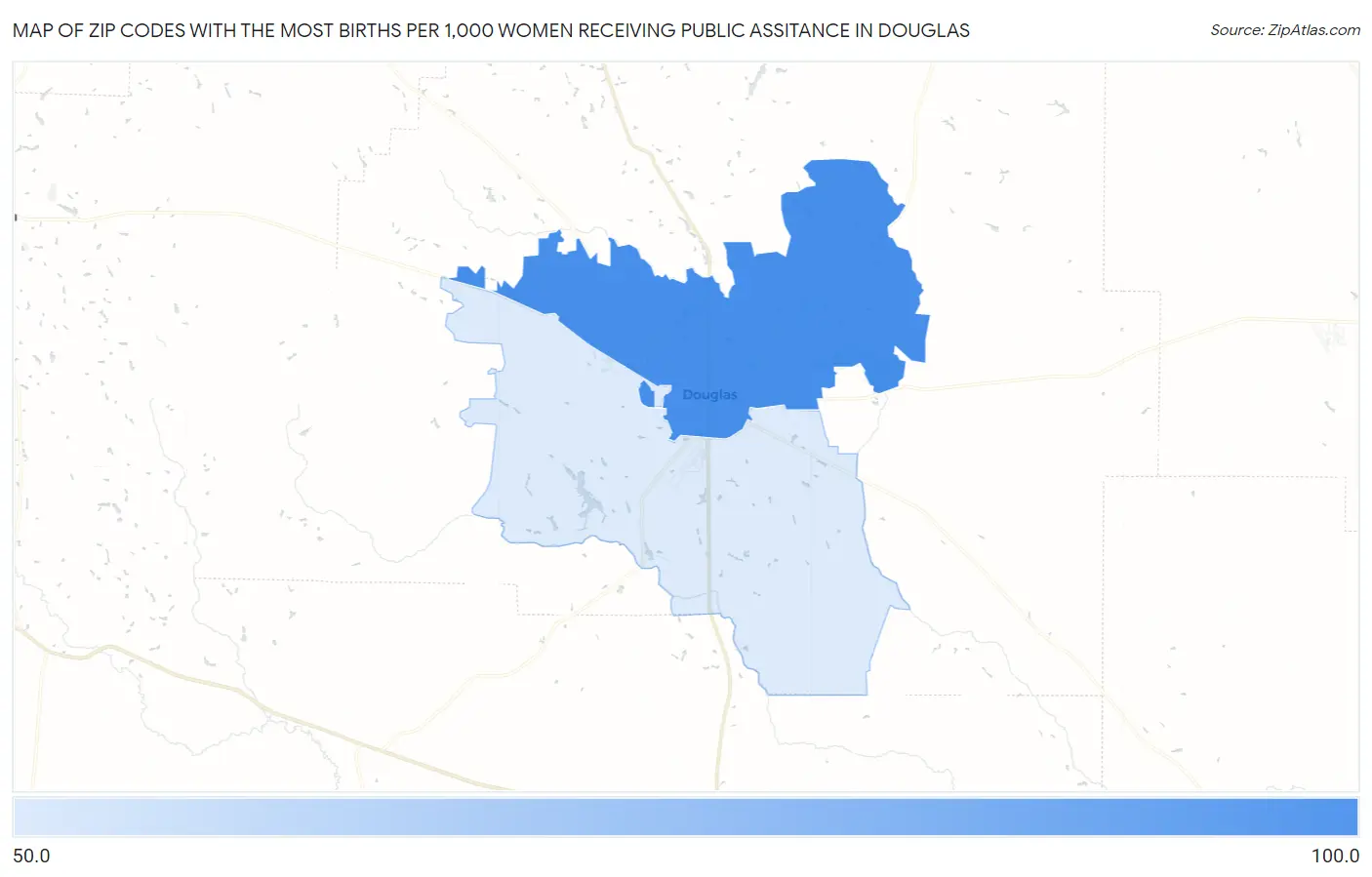 Zip Codes with the Most Births per 1,000 Women Receiving Public Assitance in Douglas Map