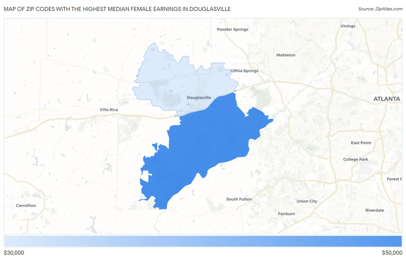 Zip Codes with the Highest Median Female Earnings in Douglasville Map
