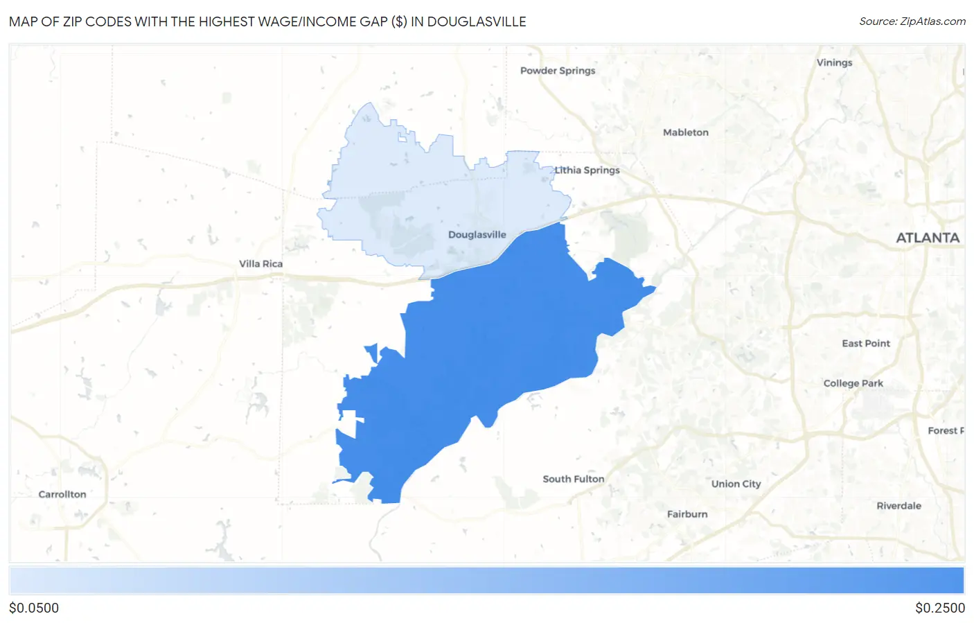 Zip Codes with the Highest Wage/Income Gap ($) in Douglasville Map