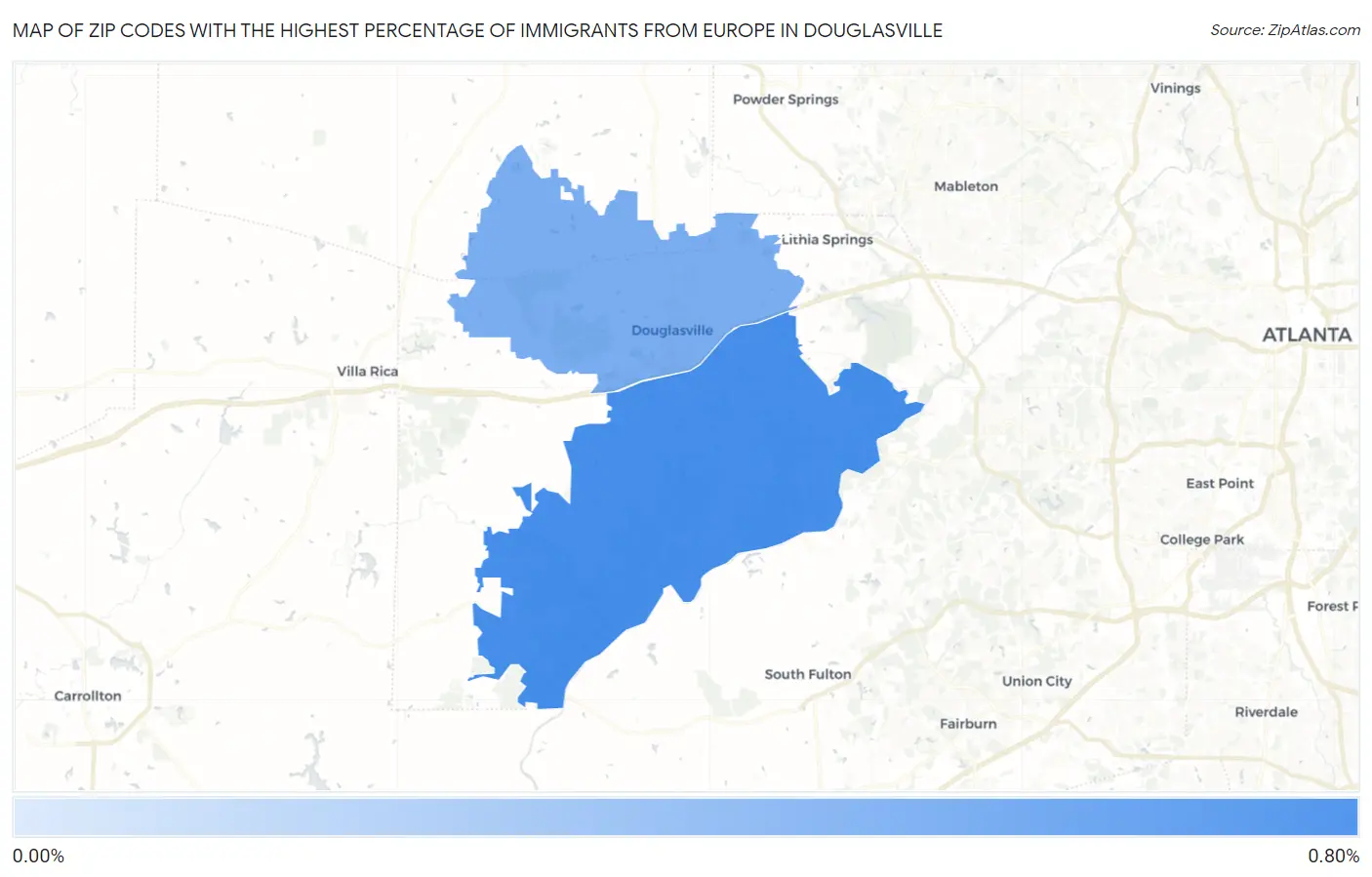 Zip Codes with the Highest Percentage of Immigrants from Europe in Douglasville Map