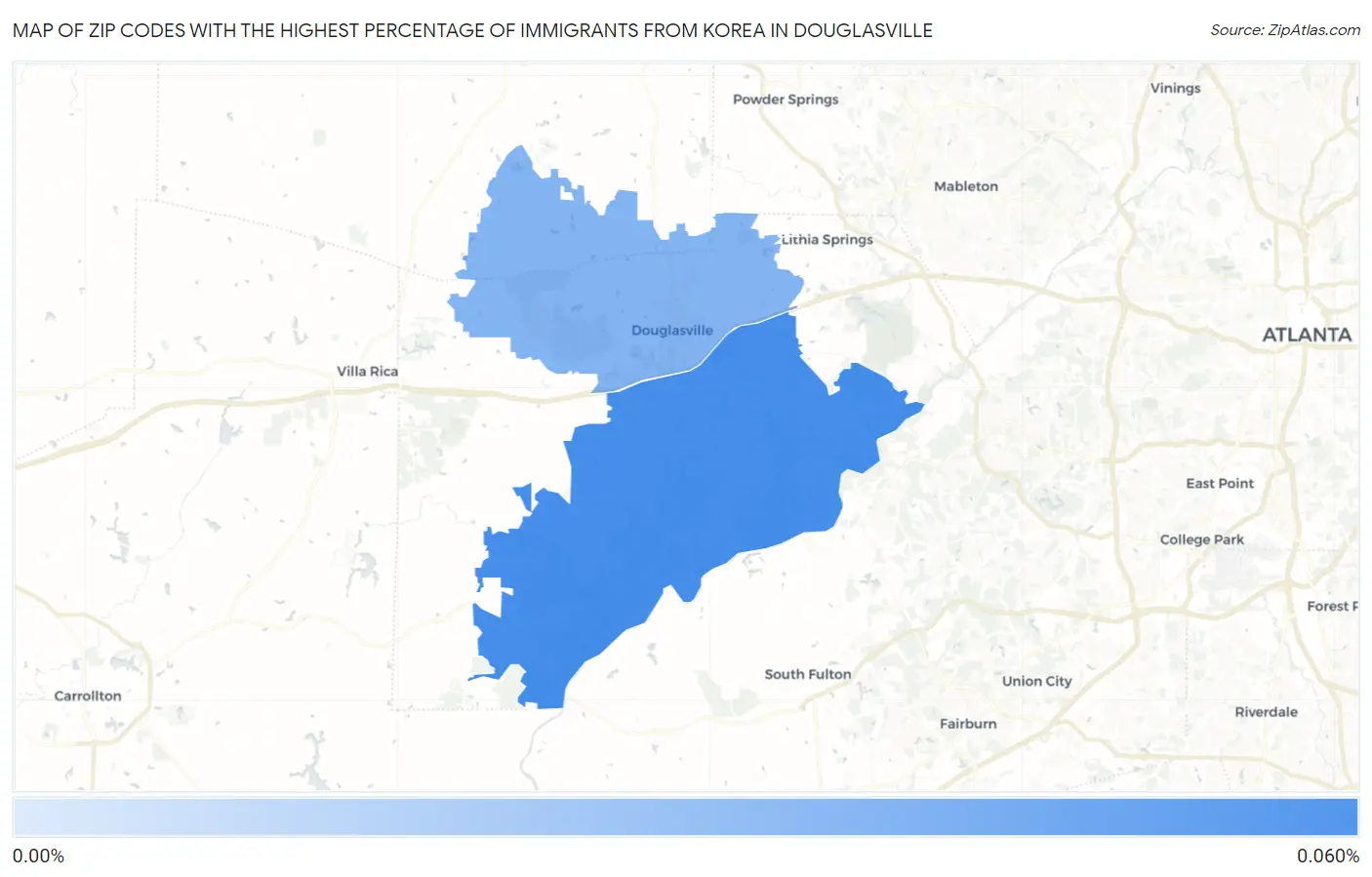 Zip Codes with the Highest Percentage of Immigrants from Korea in Douglasville Map