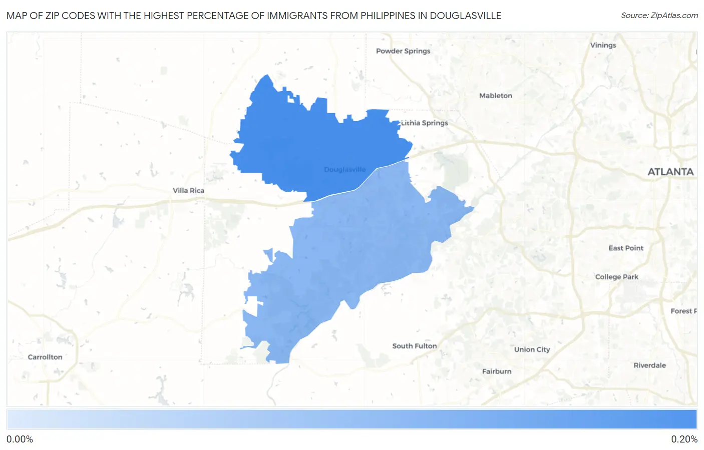 Zip Codes with the Highest Percentage of Immigrants from Philippines in Douglasville Map