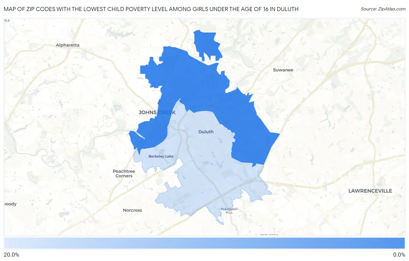 Zip Codes with the Lowest Child Poverty Level Among Girls Under the Age of 16 in Duluth Map