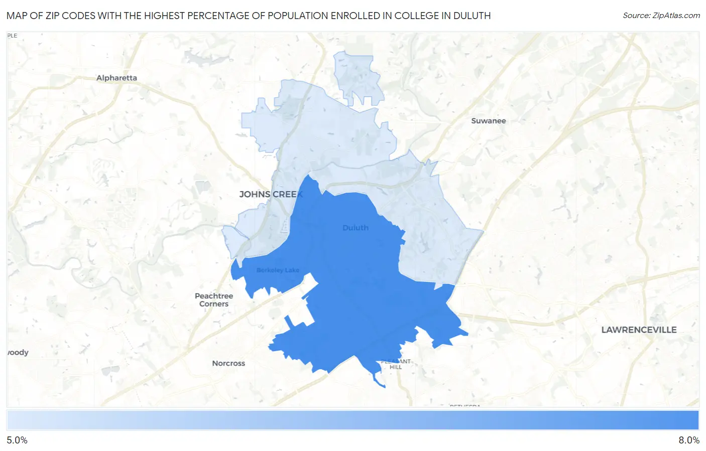 Zip Codes with the Highest Percentage of Population Enrolled in College in Duluth Map
