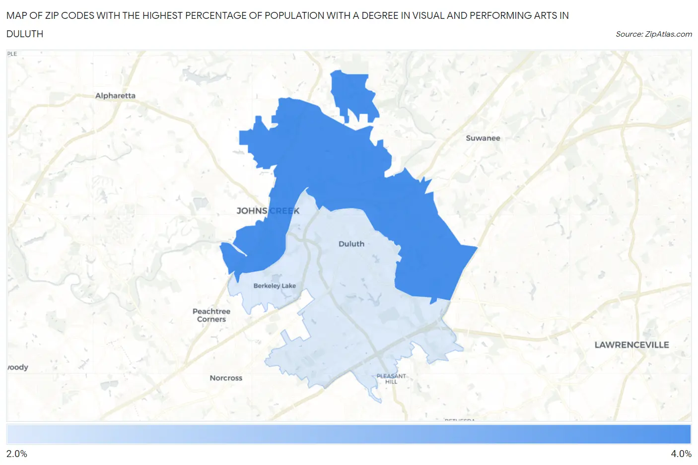 Zip Codes with the Highest Percentage of Population with a Degree in Visual and Performing Arts in Duluth Map