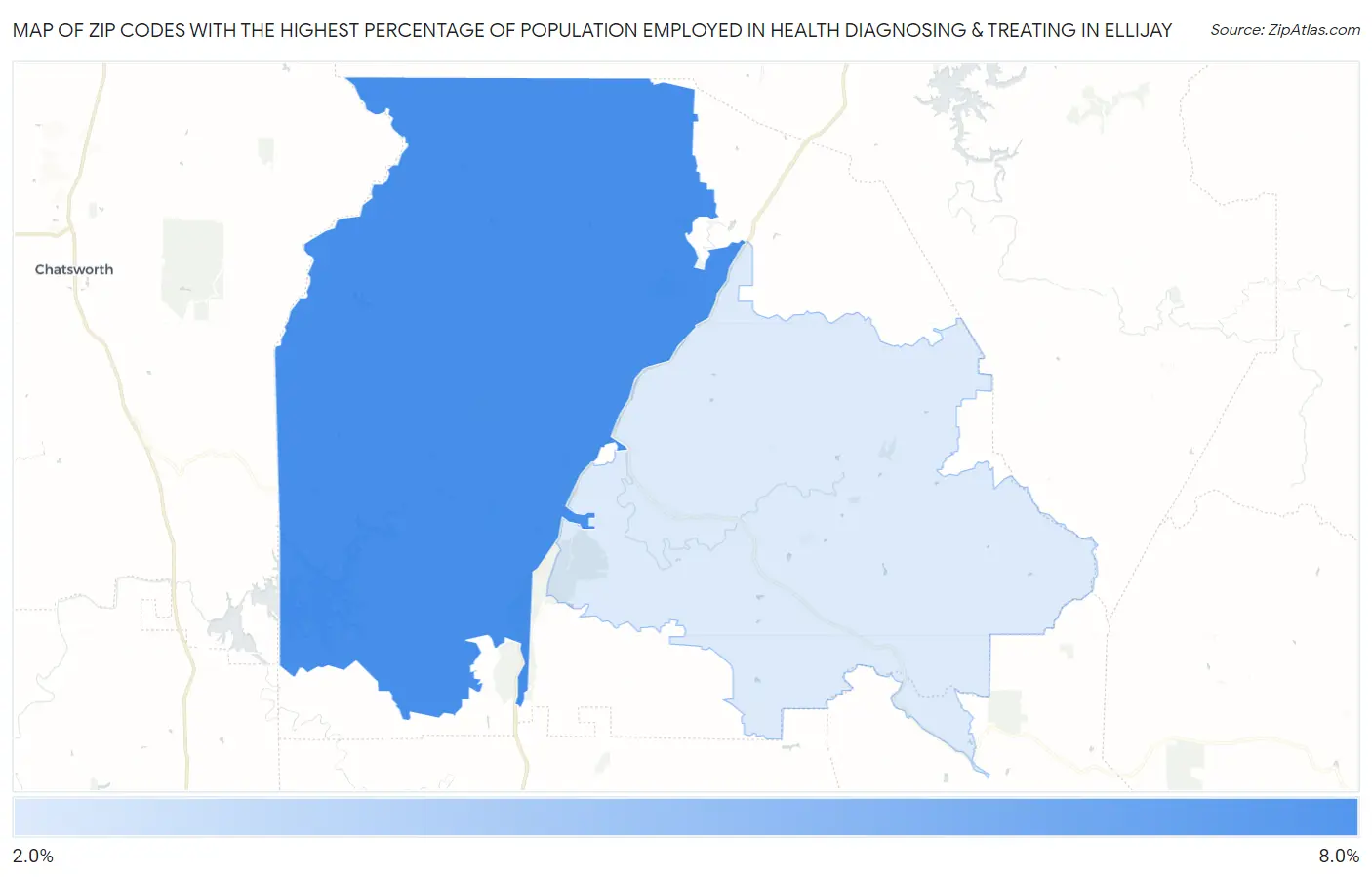 Zip Codes with the Highest Percentage of Population Employed in Health Diagnosing & Treating in Ellijay Map