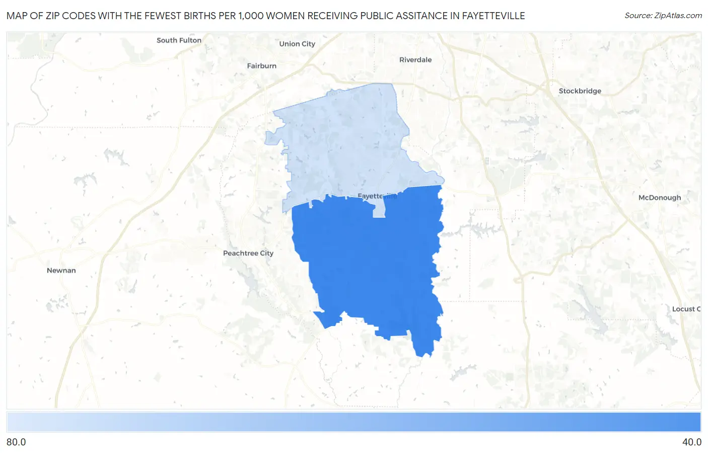 Zip Codes with the Fewest Births per 1,000 Women Receiving Public Assitance in Fayetteville Map