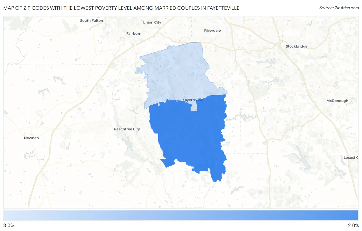Zip Codes with the Lowest Poverty Level Among Married Couples in Fayetteville Map