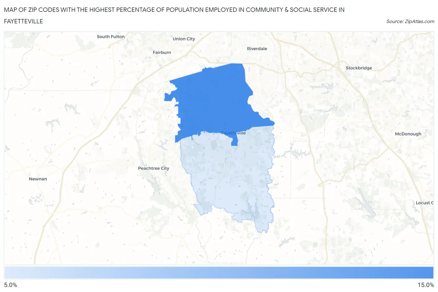 Zip Codes with the Highest Percentage of Population Employed in Community & Social Service  in Fayetteville Map