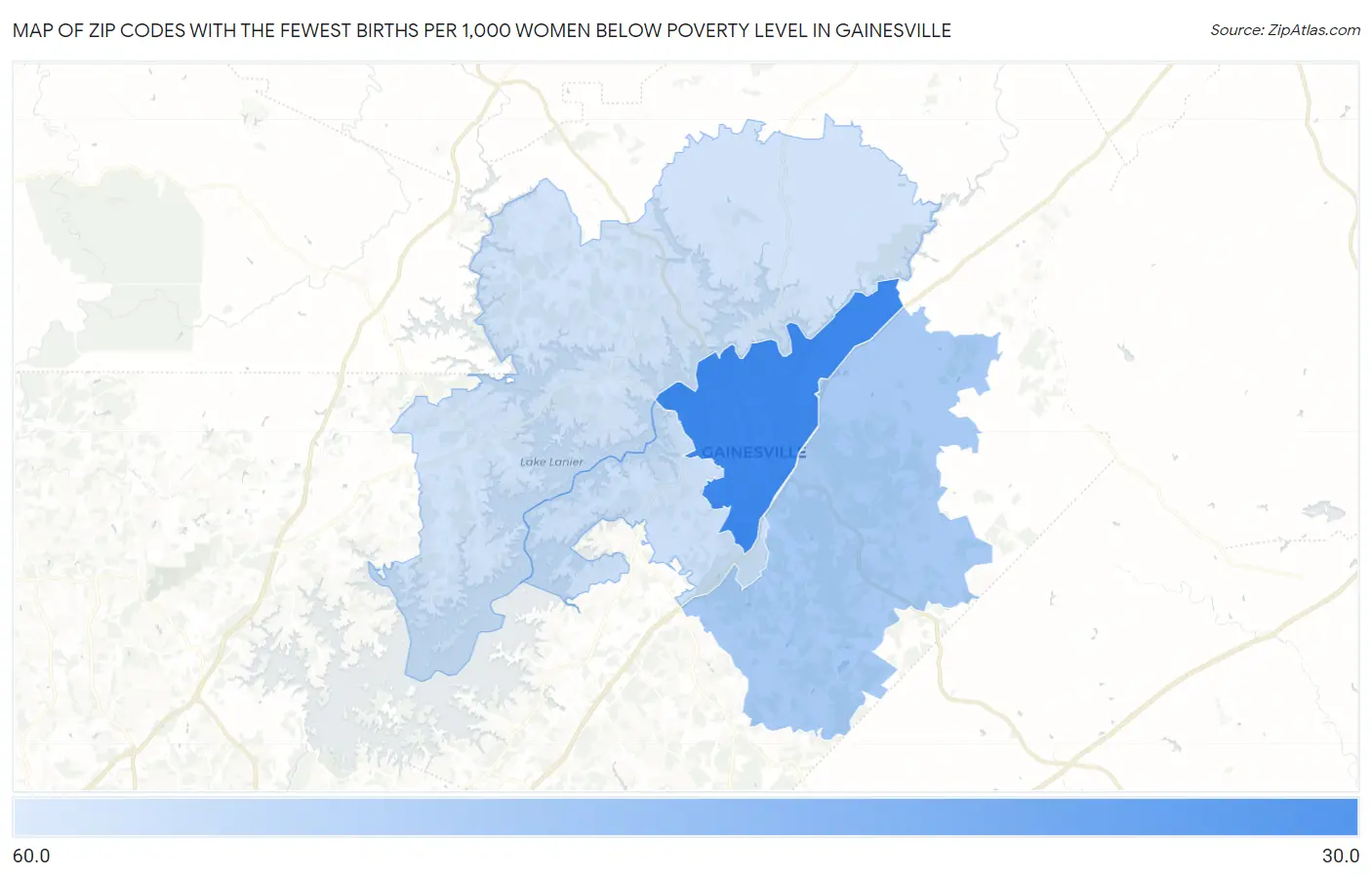 Zip Codes with the Fewest Births per 1,000 Women Below Poverty Level in Gainesville Map