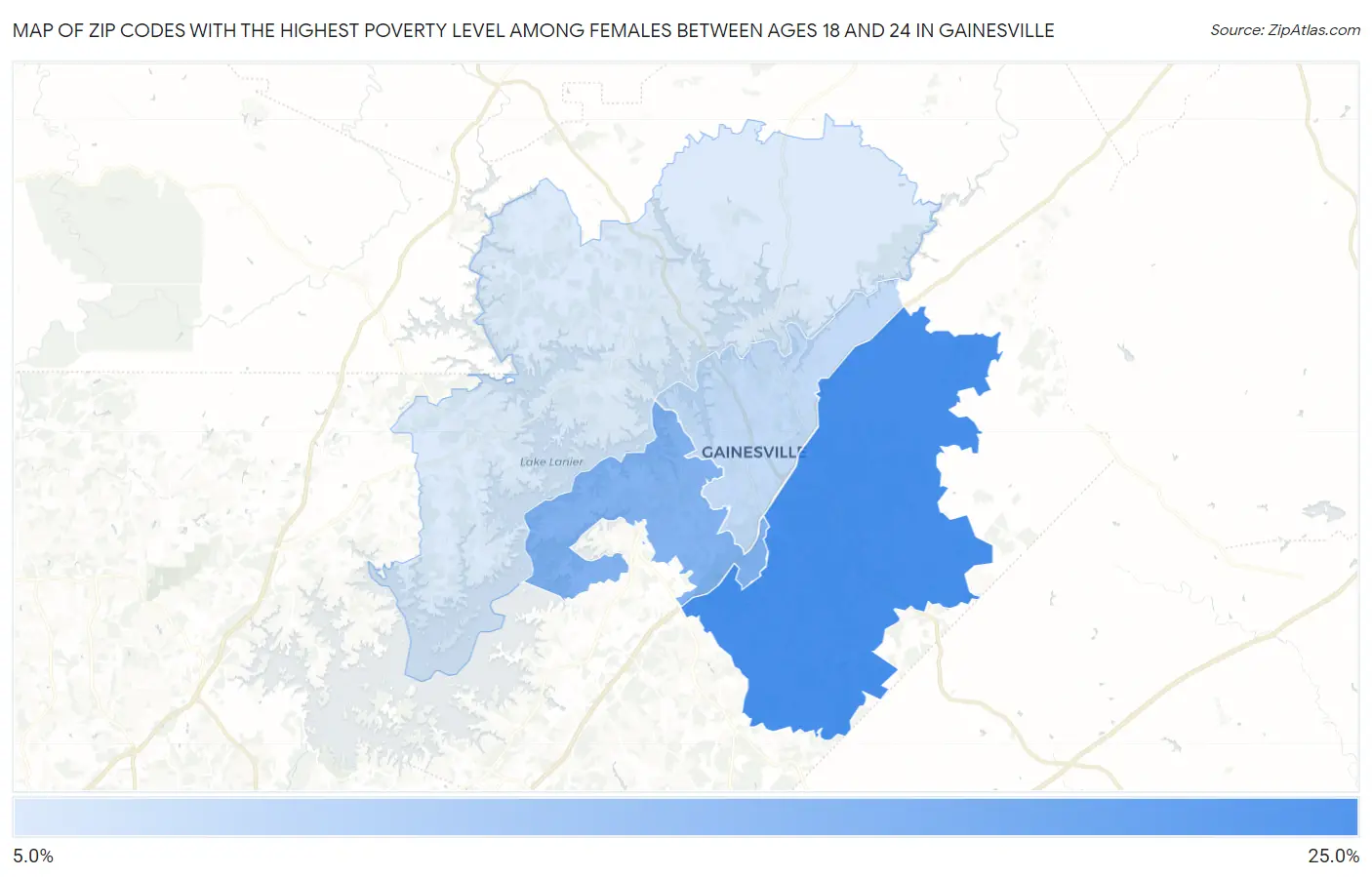 Zip Codes with the Highest Poverty Level Among Females Between Ages 18 and 24 in Gainesville Map