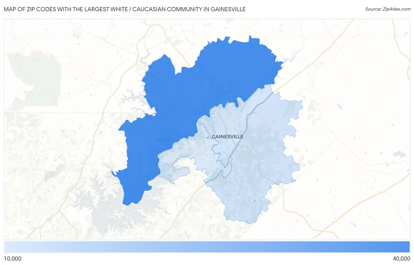 Zip Codes with the Largest White / Caucasian Community in Gainesville Map