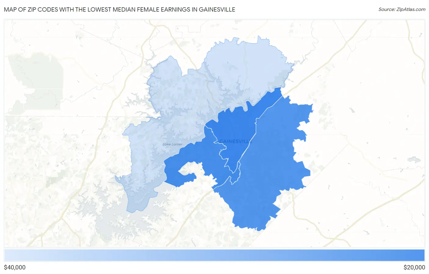 Zip Codes with the Lowest Median Female Earnings in Gainesville Map