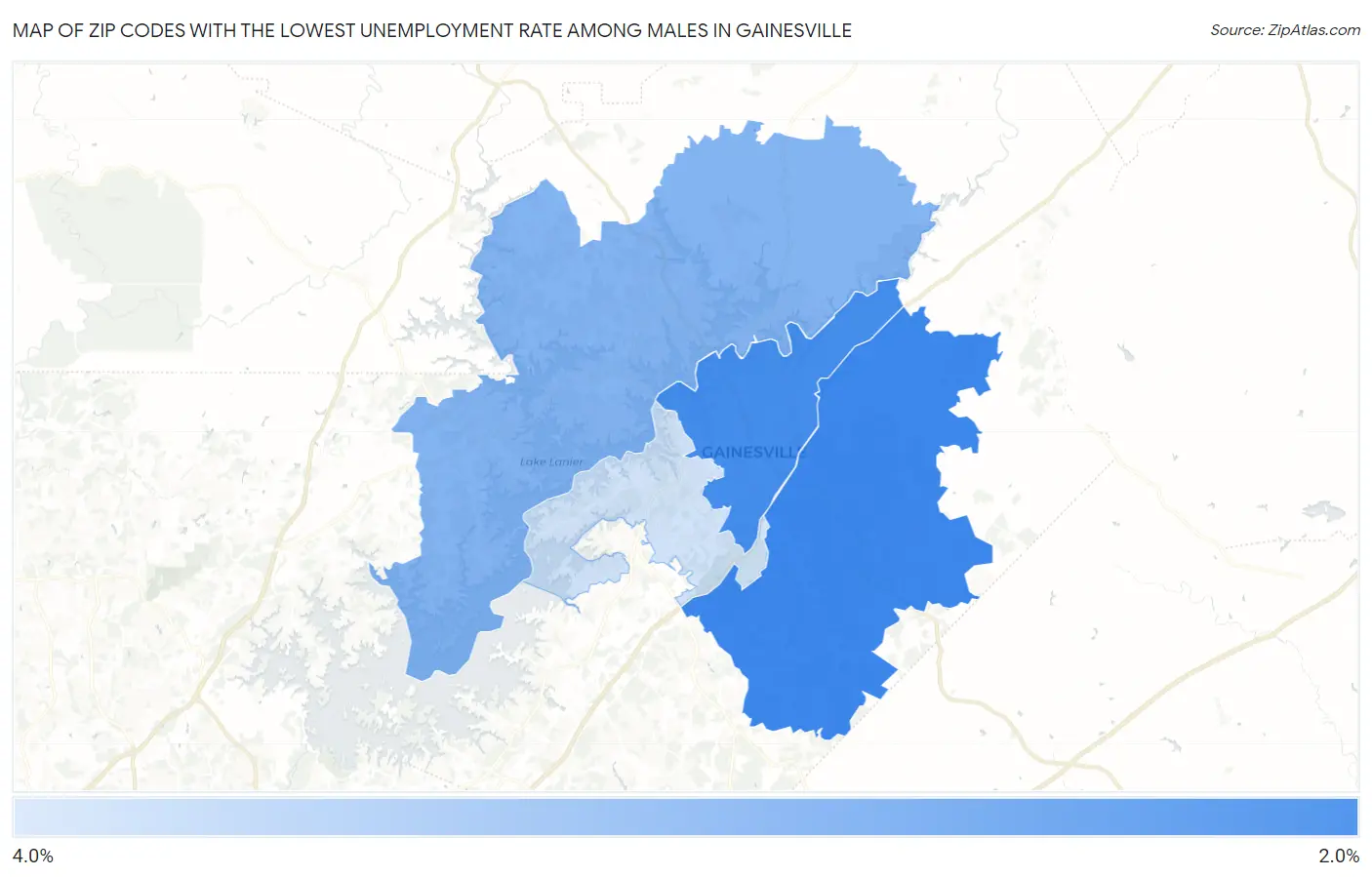 Zip Codes with the Lowest Unemployment Rate Among Males in Gainesville Map