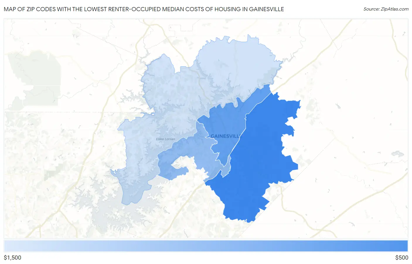 Zip Codes with the Lowest Renter-Occupied Median Costs of Housing in Gainesville Map
