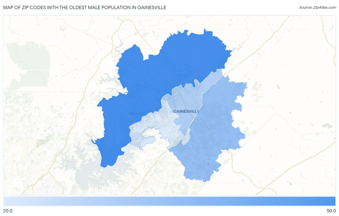 Zip Codes with the Oldest Male Population in Gainesville Map