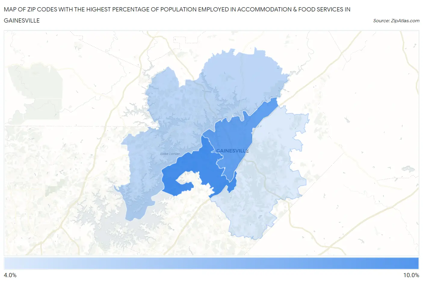 Zip Codes with the Highest Percentage of Population Employed in Accommodation & Food Services in Gainesville Map