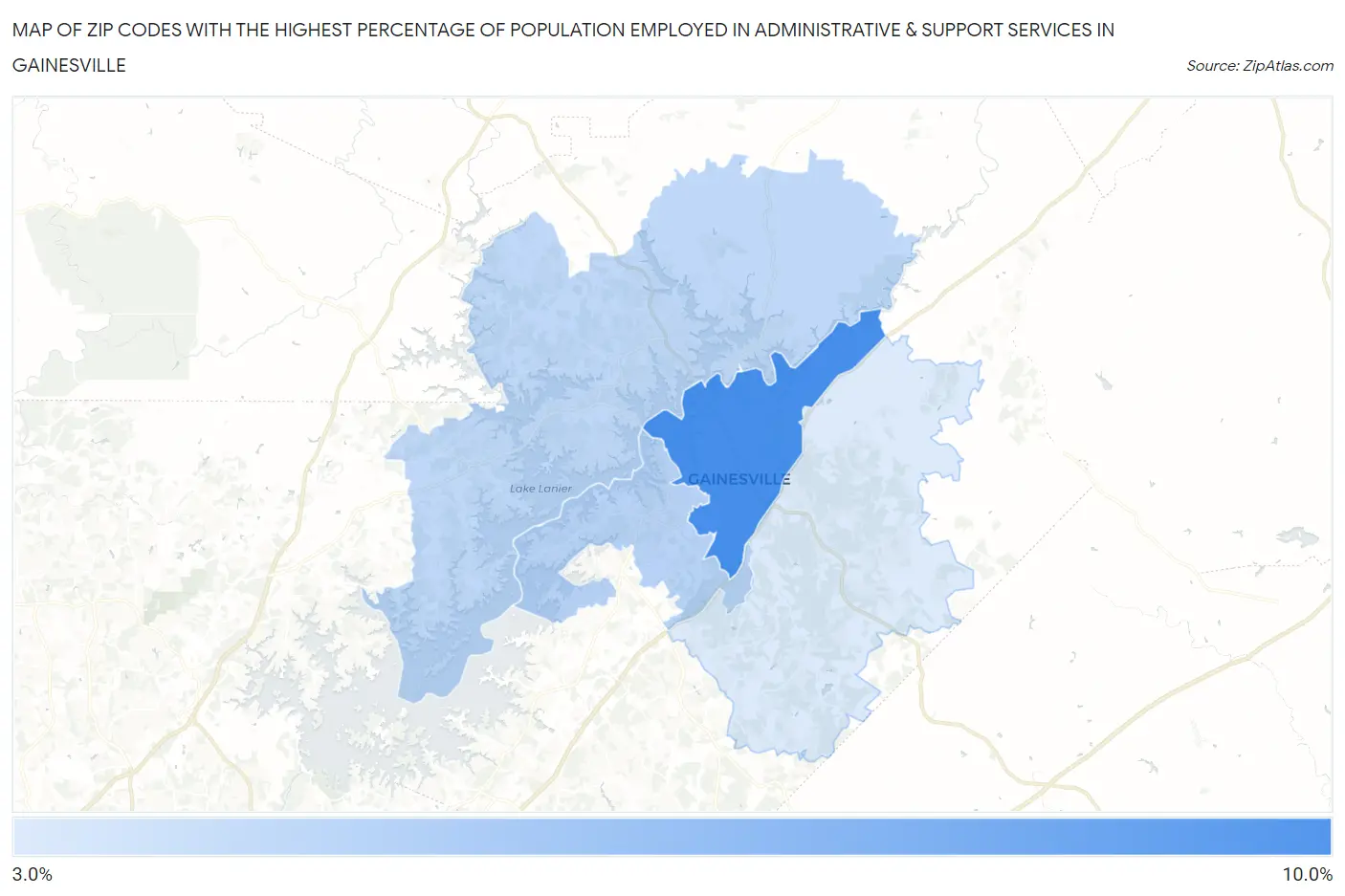 Zip Codes with the Highest Percentage of Population Employed in Administrative & Support Services in Gainesville Map