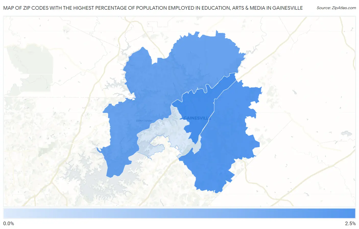 Zip Codes with the Highest Percentage of Population Employed in Education, Arts & Media in Gainesville Map