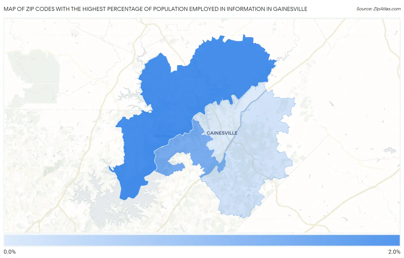 Zip Codes with the Highest Percentage of Population Employed in Information in Gainesville Map