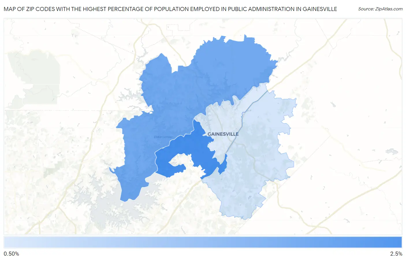 Zip Codes with the Highest Percentage of Population Employed in Public Administration in Gainesville Map