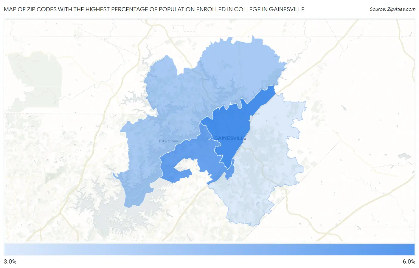Zip Codes with the Highest Percentage of Population Enrolled in College in Gainesville Map