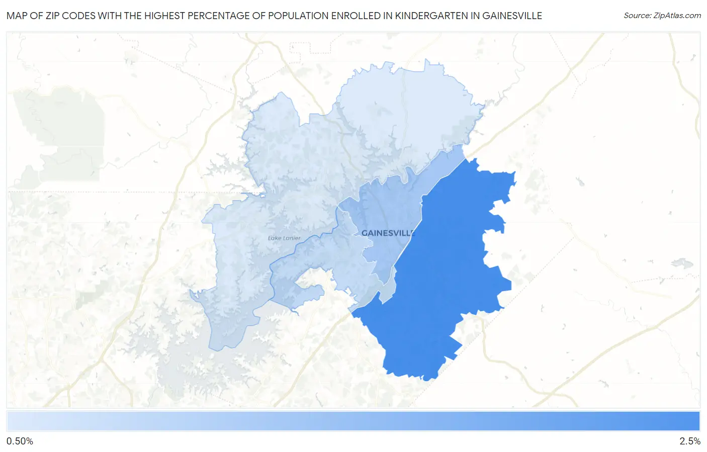 Zip Codes with the Highest Percentage of Population Enrolled in Kindergarten in Gainesville Map