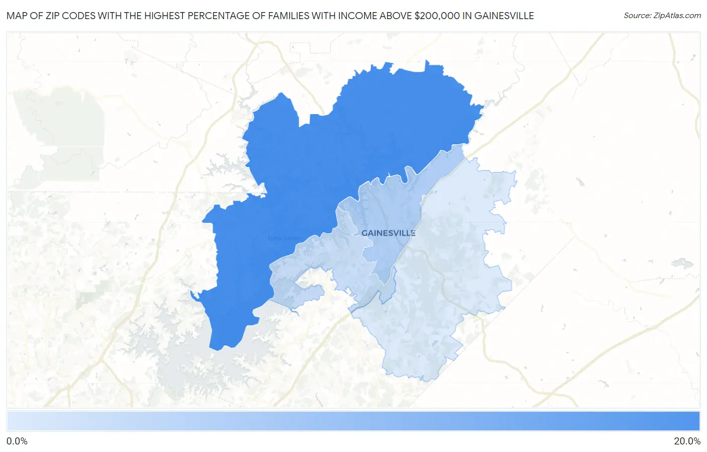 Zip Codes with the Highest Percentage of Families with Income Above $200,000 in Gainesville Map