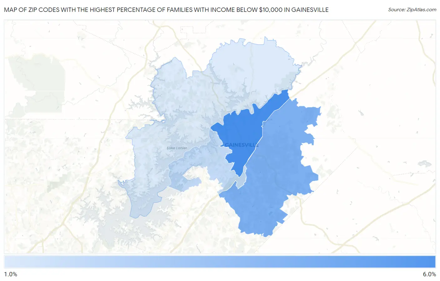Zip Codes with the Highest Percentage of Families with Income Below $10,000 in Gainesville Map