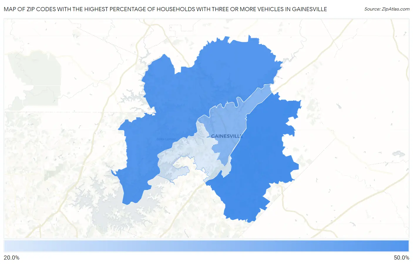 Zip Codes with the Highest Percentage of Households With Three or more Vehicles in Gainesville Map
