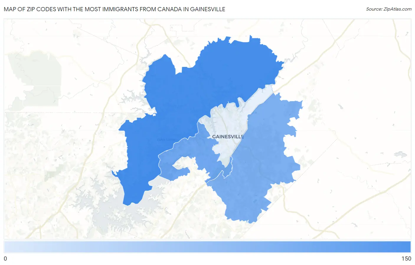 Zip Codes with the Most Immigrants from Canada in Gainesville Map