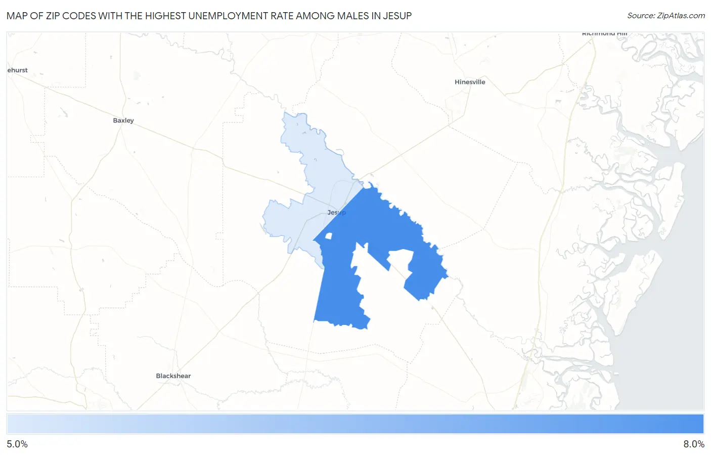 Zip Codes with the Highest Unemployment Rate Among Males in Jesup Map