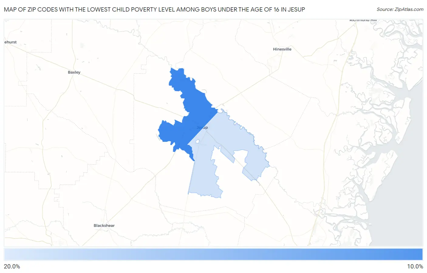 Zip Codes with the Lowest Child Poverty Level Among Boys Under the Age of 16 in Jesup Map