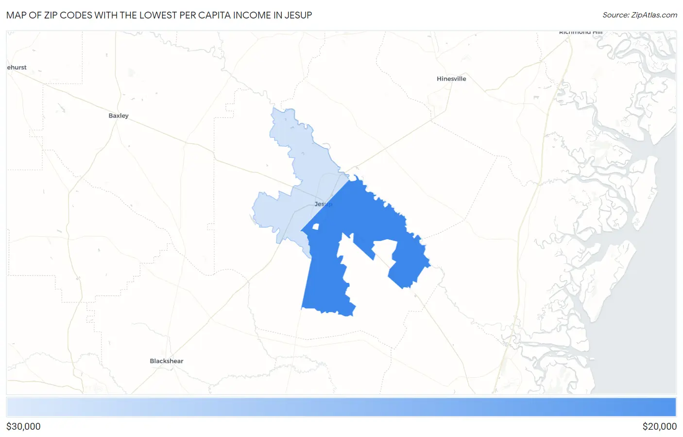 Zip Codes with the Lowest Per Capita Income in Jesup Map