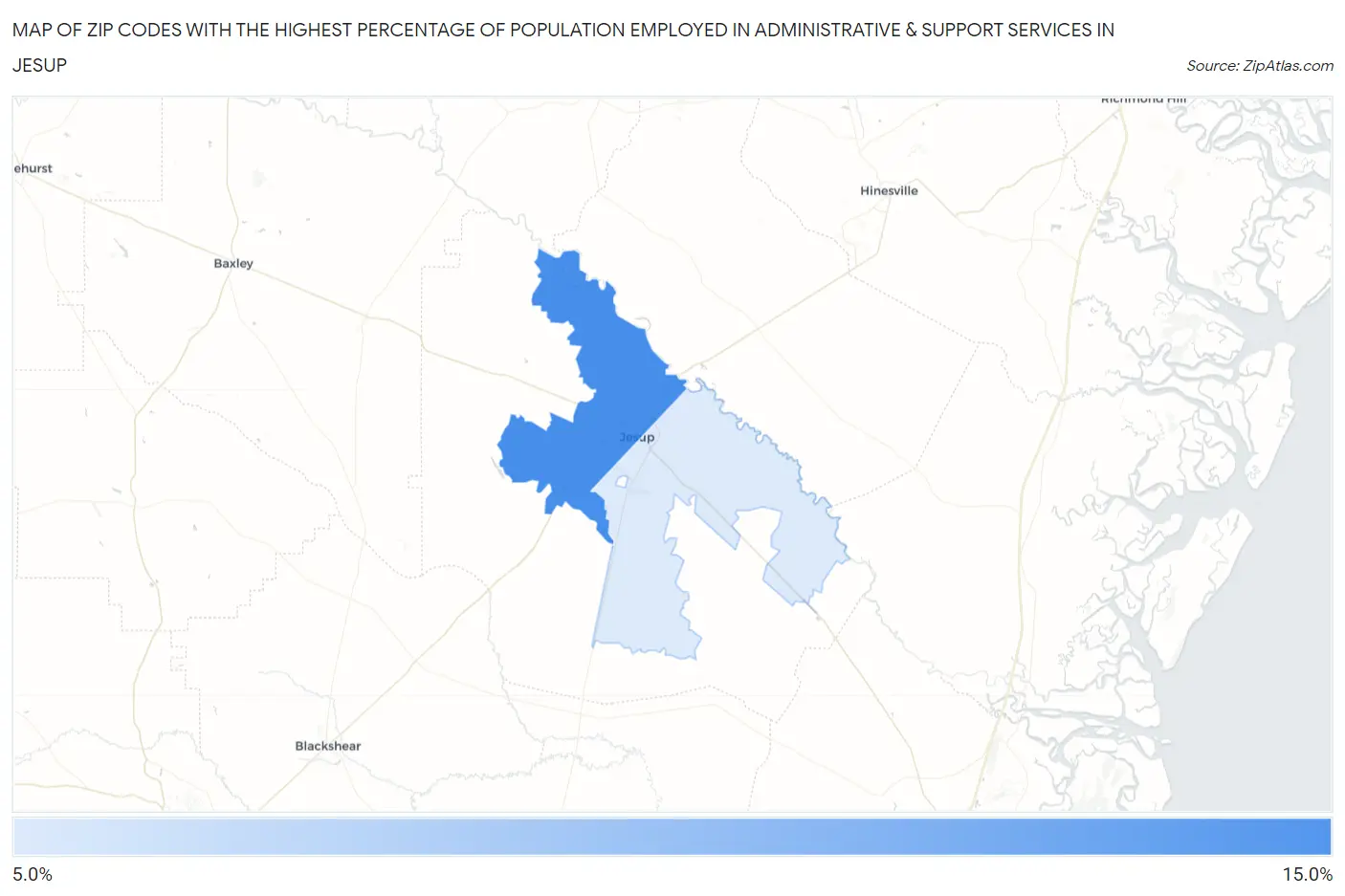 Zip Codes with the Highest Percentage of Population Employed in Administrative & Support Services in Jesup Map