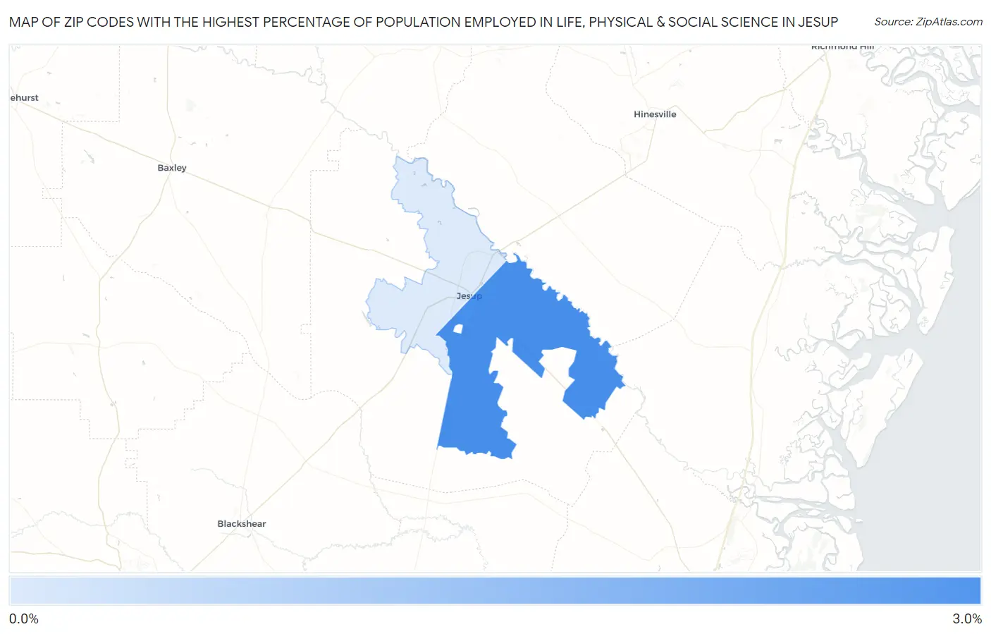 Zip Codes with the Highest Percentage of Population Employed in Life, Physical & Social Science in Jesup Map