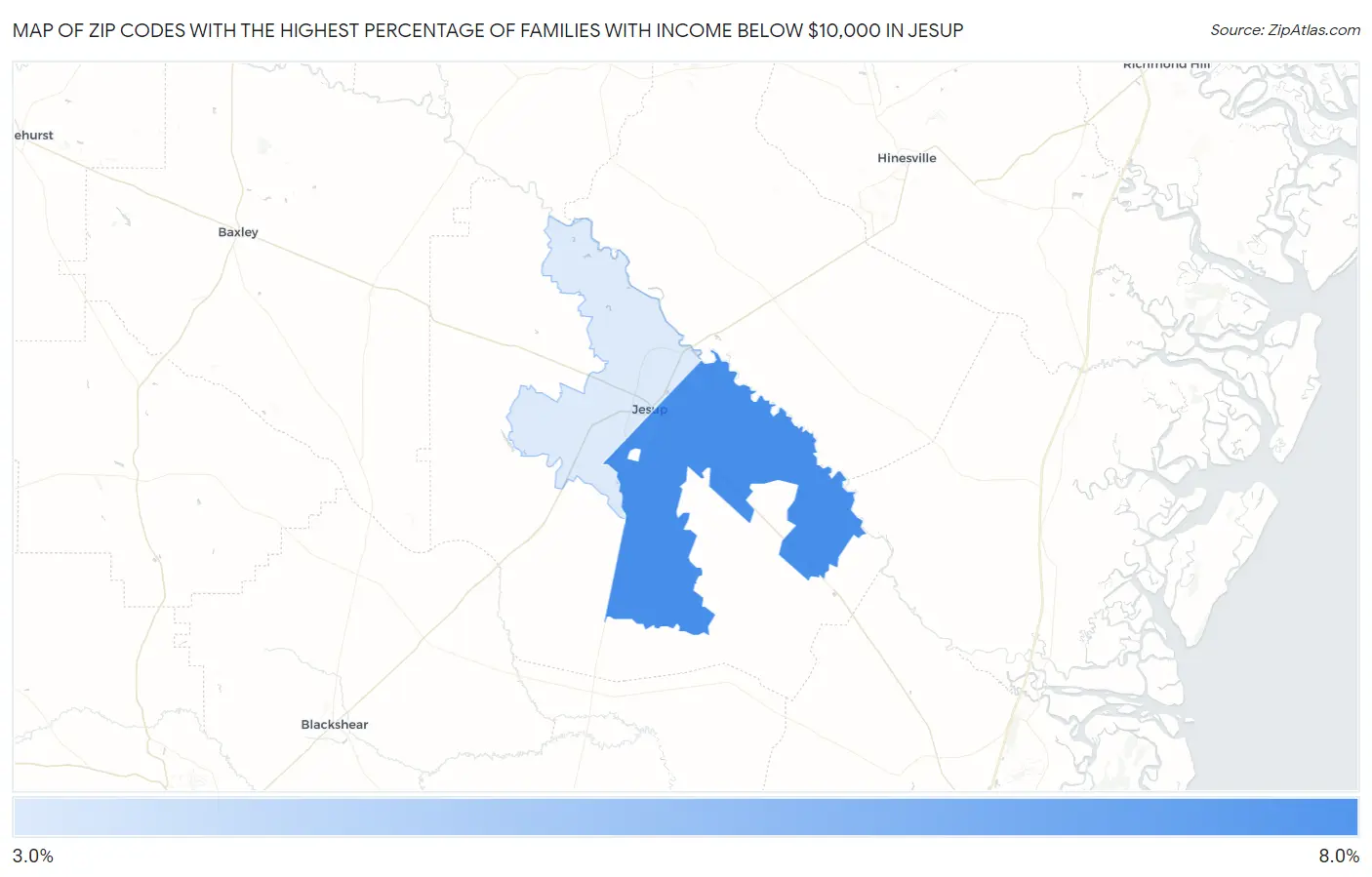 Zip Codes with the Highest Percentage of Families with Income Below $10,000 in Jesup Map