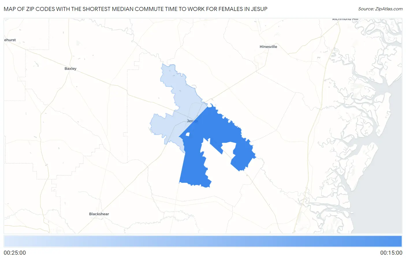 Zip Codes with the Shortest Median Commute Time to Work for Females in Jesup Map