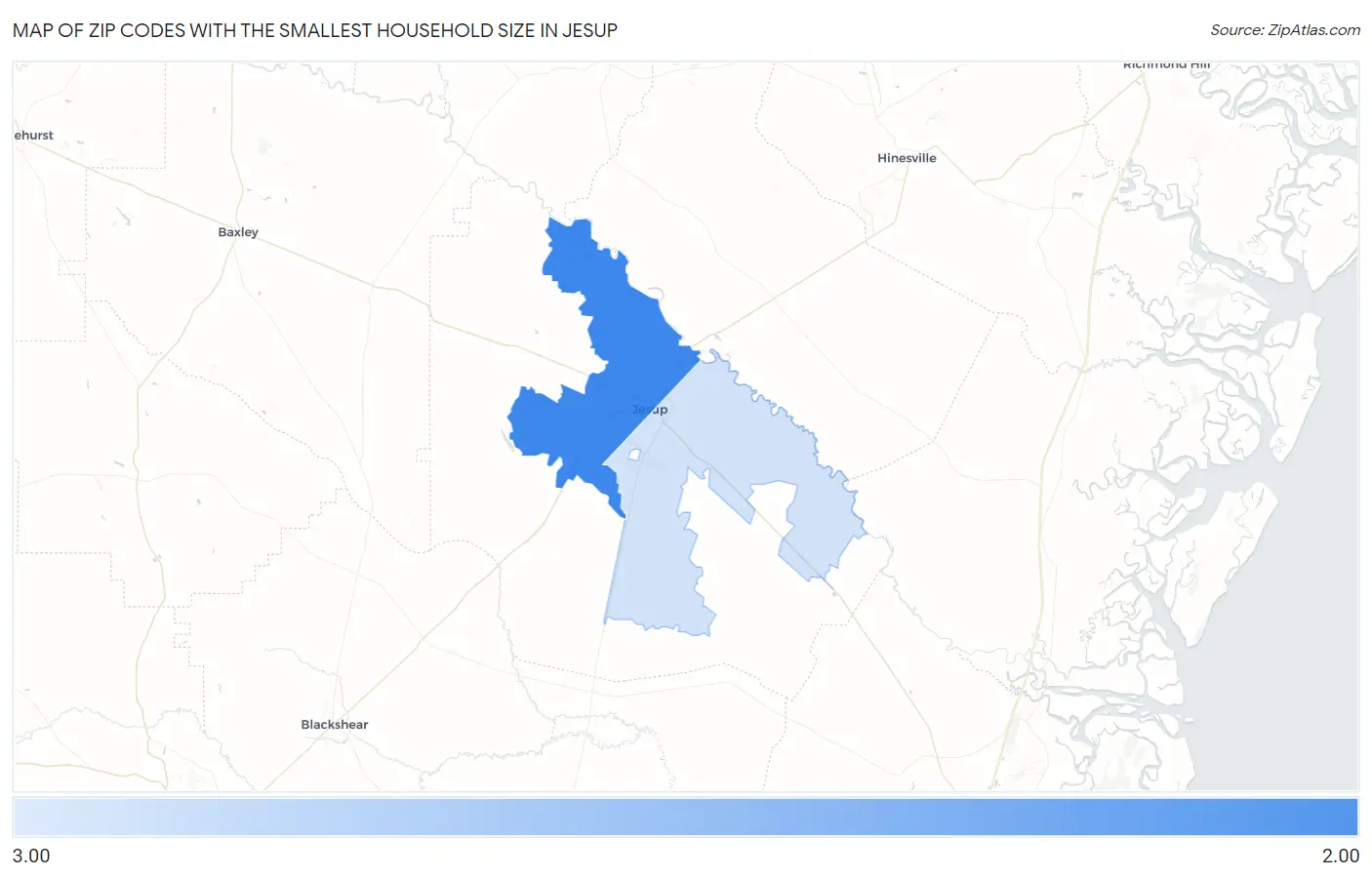 Zip Codes with the Smallest Household Size in Jesup Map