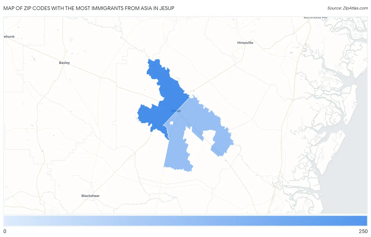 Zip Codes with the Most Immigrants from Asia in Jesup Map