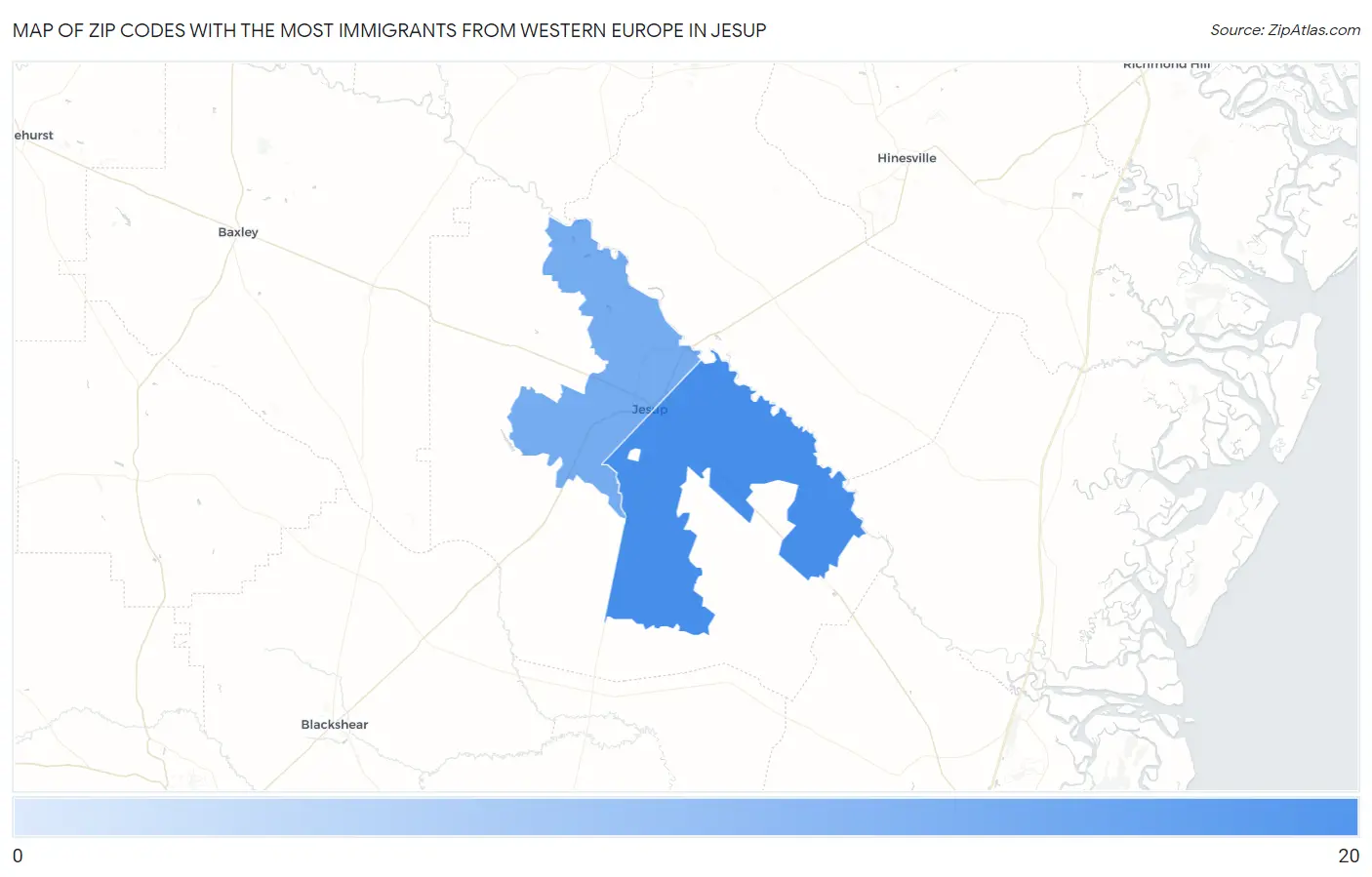 Zip Codes with the Most Immigrants from Western Europe in Jesup Map