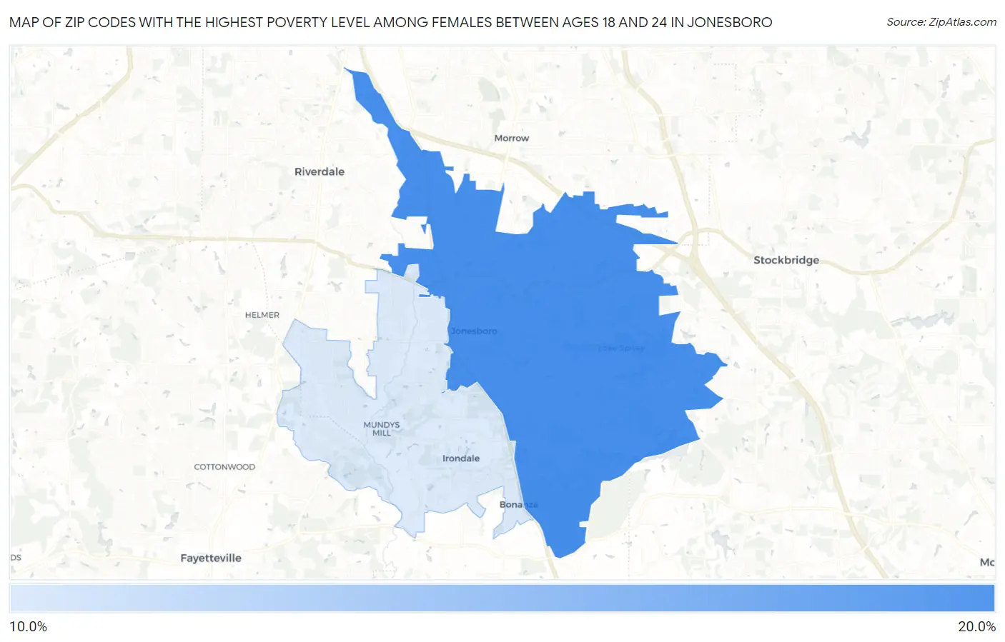 Zip Codes with the Highest Poverty Level Among Females Between Ages 18 and 24 in Jonesboro Map